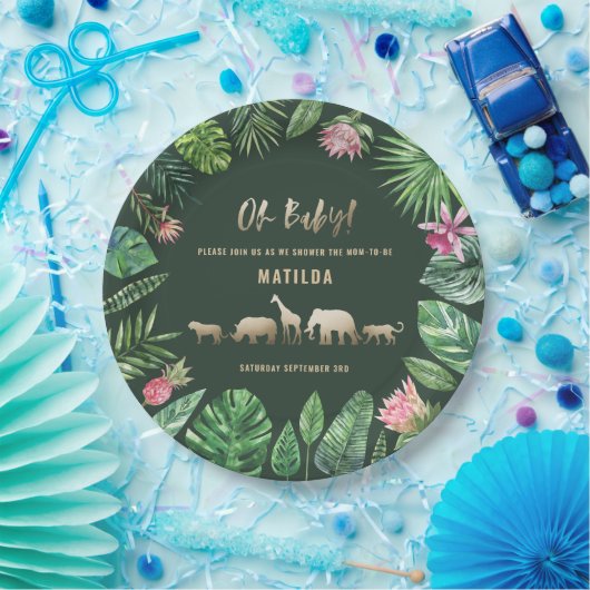 Tropische loof + goudvee baby shower partij papieren bordje (Feest)