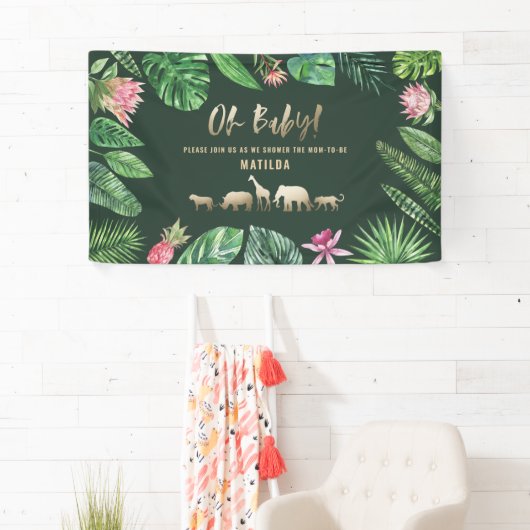 Tropische loof + goudvee baby shower partij spandoek (Insitu)