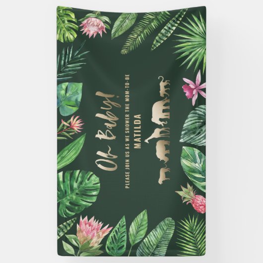 Tropische loof + goudvee baby shower partij spandoek (Verticaal)