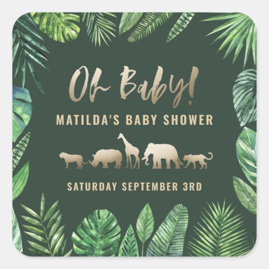 Tropische loof + goudvee baby shower partij vierkante sticker (Voorkant)