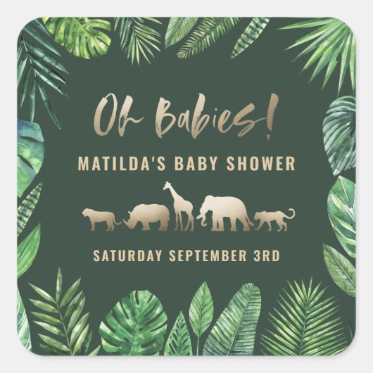 Tropische loof + goudvee baby shower partij vierkante sticker (Voorkant)