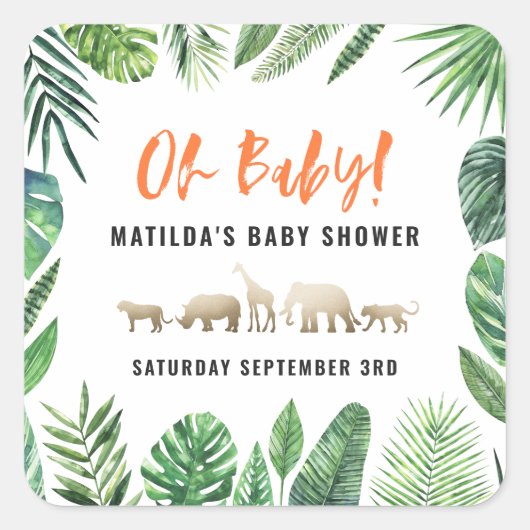 Tropische loof + goudvee baby shower partij vierkante sticker (Voorkant)