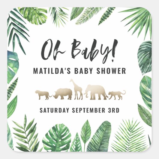 Tropische loof + goudvee baby shower partij vierkante sticker (Voorkant)