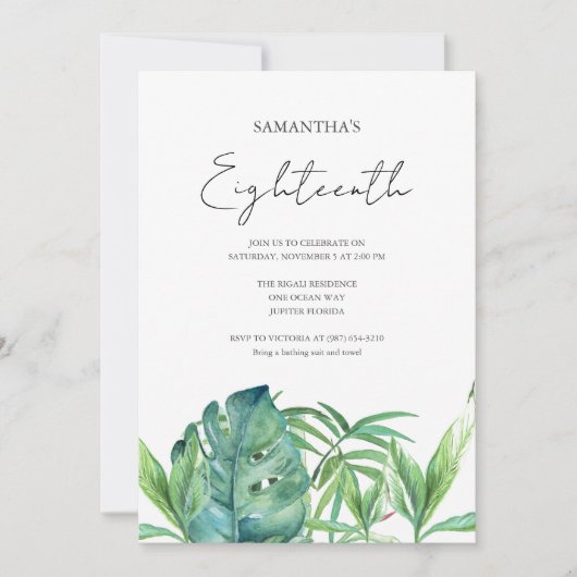 Tropische Luau 18e Verjaardag Waterverf Kaart (Voorkant)
