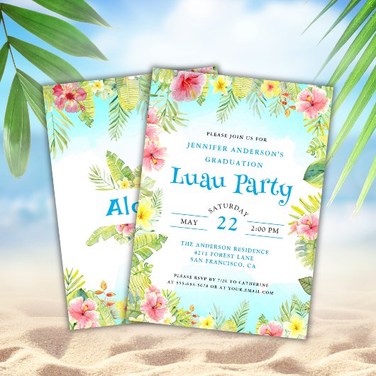 Tropische Luau Aloha Graduation Party Blauw Kaart