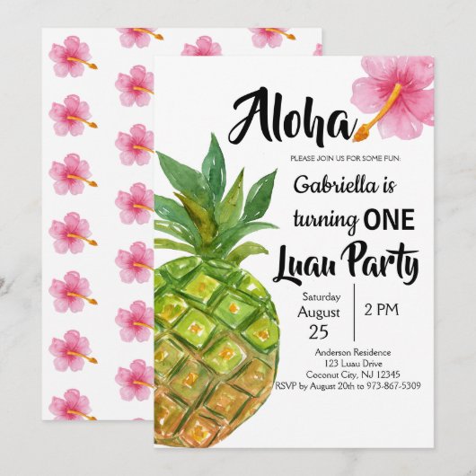 Tropische Luau Ananas Eerste Verjaardagsfeest Kaart (Voorkant / Achterkant)