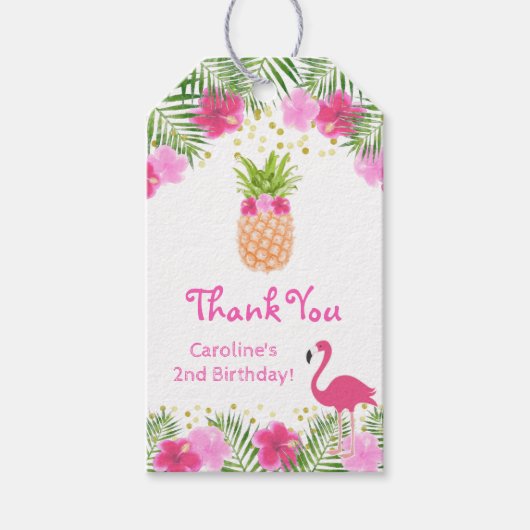 Tropische Luau Ananas Flamingo Verjaardag Cadeaulabel (Voorkant)