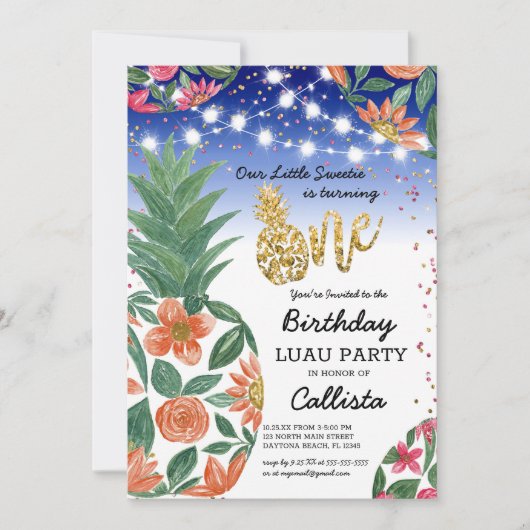 Tropische Luau ananas licht glitter 1e verjaardag Kaart (Voorkant)