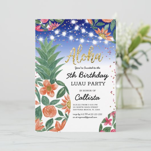 Tropische Luau ananas lichten glitter verjaardag Kaart (Staand voorkant)