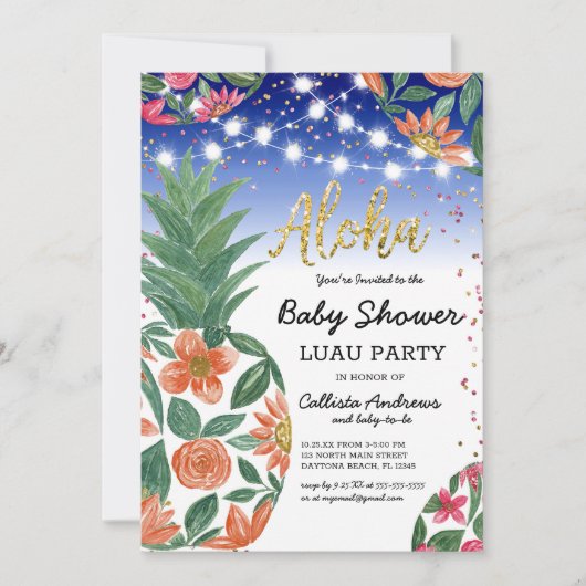 Tropische Luau Ananas Lights Glitter Baby shower Kaart (Voorkant)