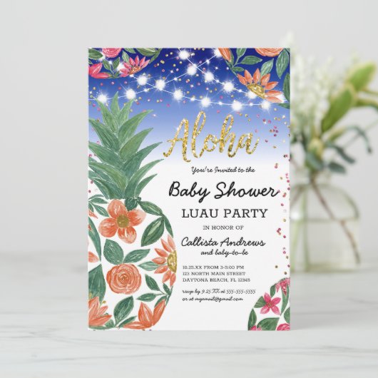 Tropische Luau Ananas Lights Glitter Baby shower Kaart (Staand voorkant)