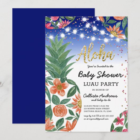 Tropische Luau Ananas Lights Glitter Baby shower Kaart (Voorkant / Achterkant)