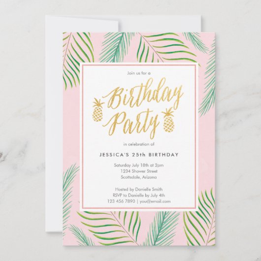 Tropische Luau Birthday-uitnodigingen in roze en g Kaart (Voorkant)