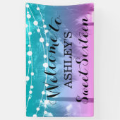 Tropische Luau Blauwgroen roze Sweet 16 zaterdag Spandoek (Verticaal)