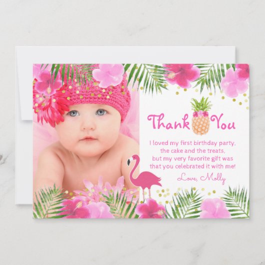 Tropische Luau Flamingo 1e Verjaardag Meisje Dank  Bedankkaart (Voorkant)