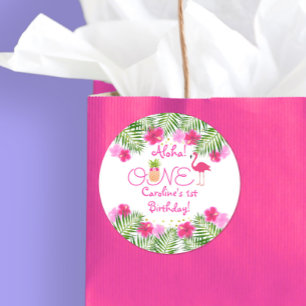 Tropische Luau Flamingo Ananas Eerste Verjaardag Ronde Sticker