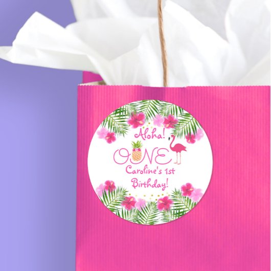 Tropische Luau Flamingo Ananas Eerste Verjaardag Ronde Sticker