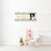 Tropische Luau Floral Palm Leaf Birthday Foto Spandoek (Insitu)