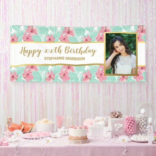 Tropische Luau Floral Palm Leaf Birthday Foto Spandoek (Feest)