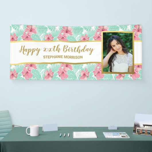 Tropische Luau Floral Palm Leaf Birthday Foto Spandoek (Beurs)