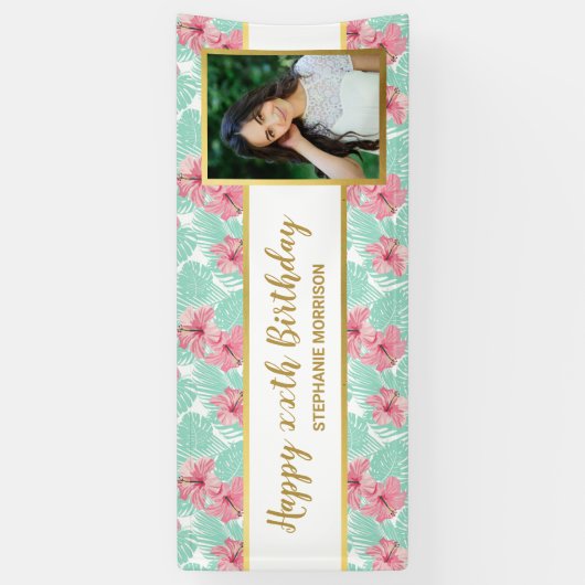 Tropische Luau Floral Palm Leaf Birthday Foto Spandoek (Verticaal)