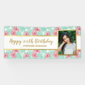 Tropische Luau Floral Palm Leaf Birthday Foto Spandoek (Horizontaal)