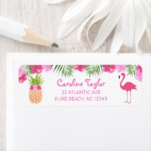 Tropische Luau Floral PIneapple Flamingo Birthday Etiket (Insitu)