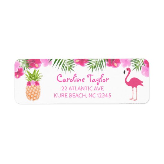 Tropische Luau Floral PIneapple Flamingo Birthday Etiket (Voorkant)