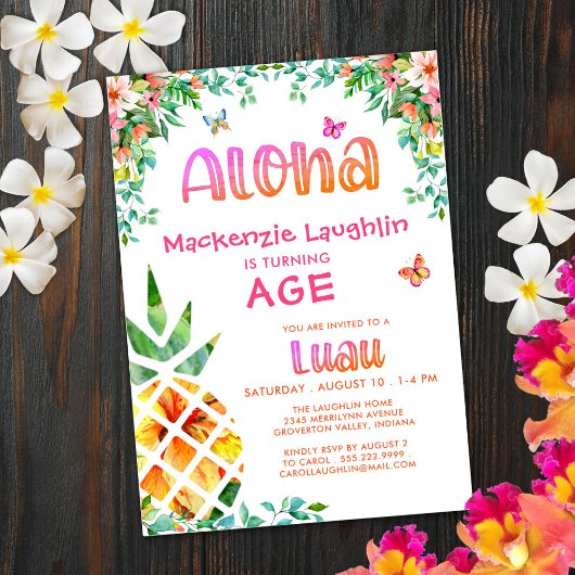 Tropische Luau Meisje Verjaardag Aloha Ananas Kaart