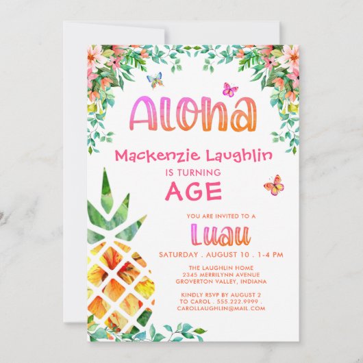 Tropische Luau Meisje Verjaardag Aloha Ananas Kaart (Voorkant)