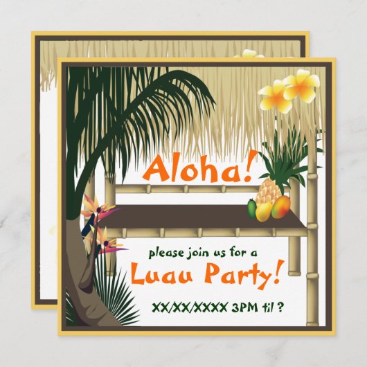 Tropische Luau Party Tiki Hut Invitation Kaart (Voorkant / Achterkant)