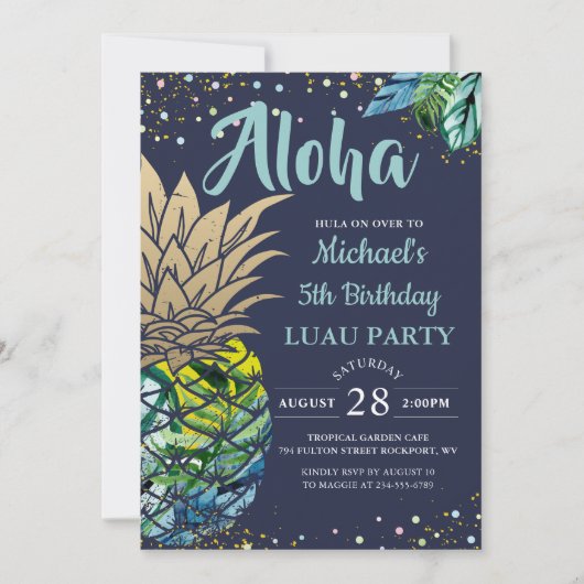 Tropische Luau Pineapple Beach Navy Blue Birthday Kaart (Voorkant)
