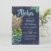Tropische Luau Pineapple Beach Navy Blue Birthday Kaart (Staand voorkant)