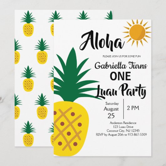 Tropische Luau Pineapple First Birthday Party Kaart (Voorkant / Achterkant)