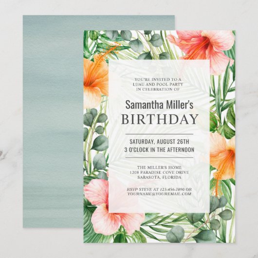 Tropische Luau Verjaardag Pool Party Kaart (Voorkant / Achterkant)