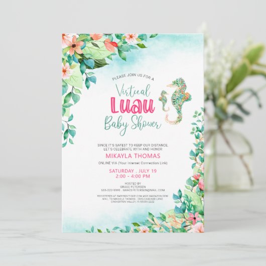 Tropische Luau Virtual Baby shower zeepaardjes Kaart (Staand voorkant)