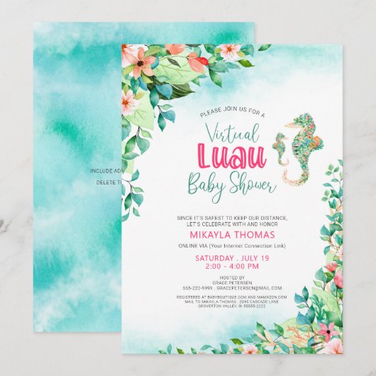Tropische Luau Virtual Baby shower zeepaardjes Kaart (Voorkant / Achterkant)