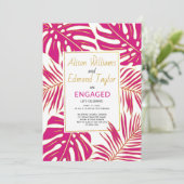 Tropische magenta, gouden bladeren, verlovingsfees kaart (Staand voorkant)