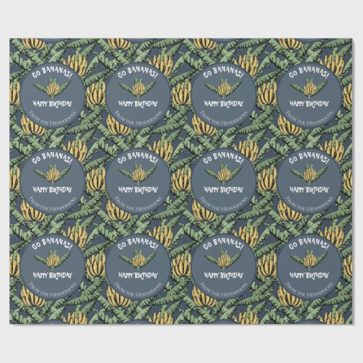 Tropische Marine Blue Go Bananas Verjaardag Banaan Cadeaupapier (Vlak)