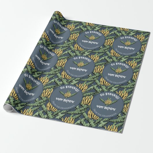 Tropische Marine Blue Go Bananas Verjaardag Banaan Cadeaupapier (Uitgerold)