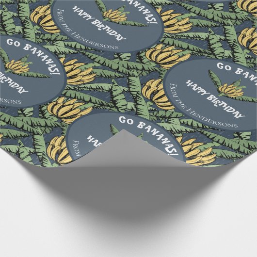 Tropische Marine Blue Go Bananas Verjaardag Banaan Cadeaupapier (Hoek)