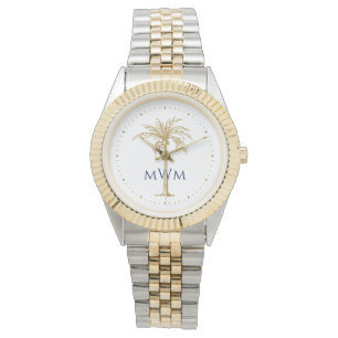 Tropische marinemonogram artistieke gouden palmboo horloge