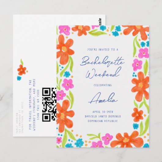 Tropische Marker schets Bloem Border Bachelorette Briefkaart (Voorkant / Achterkant)