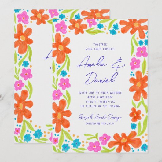 Tropische Marker Schets Bloem Grens Bruiloft Kaart (Voorkant / Achterkant)