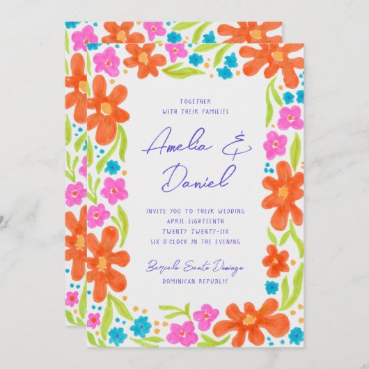 Tropische Marker Schets Bloem Grens Bruiloft Menu (Voorkant / Achterkant)