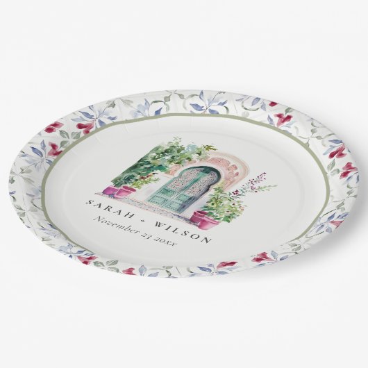 Tropische Marokkaanse Doorway Waterverf bruiloft Papieren Bordje (Gekanteld)