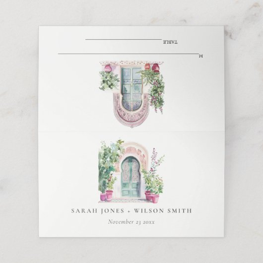Tropische Marokkaanse Doorway Waterverf bruiloft Plaatskaartje (Buitenkant ongevouwen)