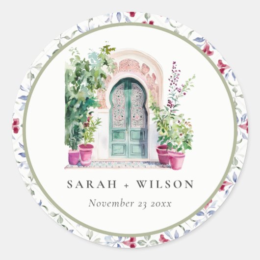Tropische Marokkaanse Doorway Waterverf bruiloft Ronde Sticker (Voorkant)