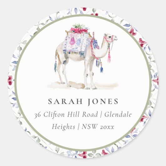Tropische Marokkaanse Waterverf Camel Adres Ronde Sticker (Voorkant)