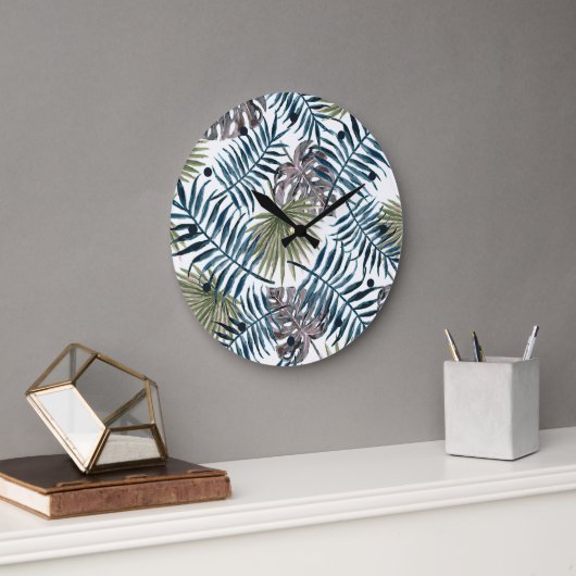 Tropische Mauve Green Palm laat Waterverf kunst Grote Klok (Kantoor)